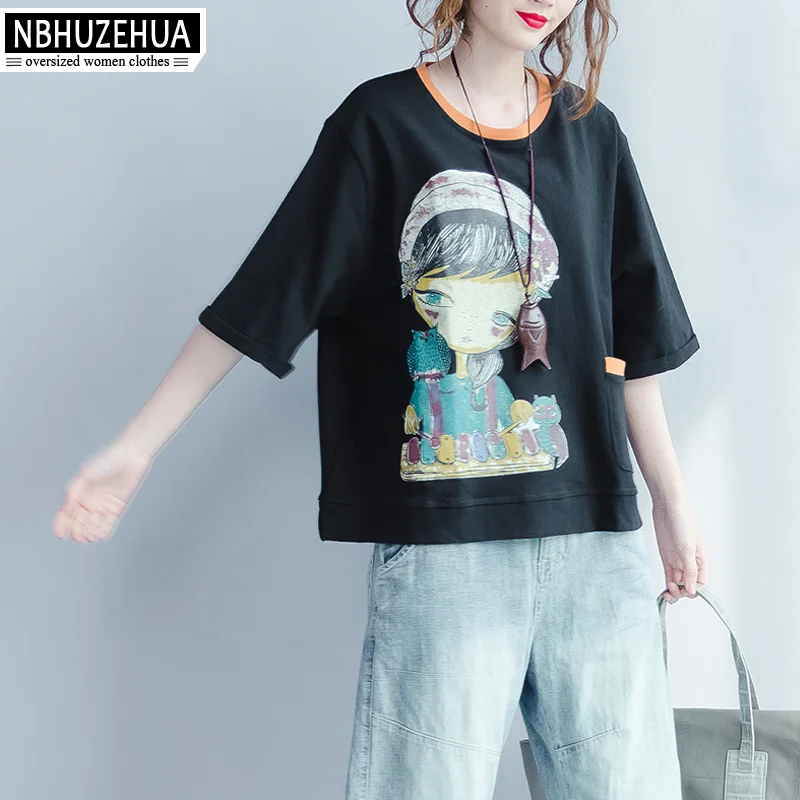 NBHUZEHUA A66 Женская Корейская Харадзюку kawaii футболка большого размера мультфильм
