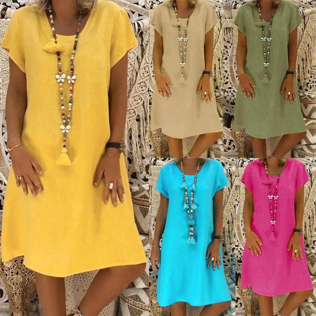 Летние Женские однотонные платья с коротким рукавом Feminino Vestido Футболка женская повседневная из хлопка и льна размера плюс Дамское Платье
