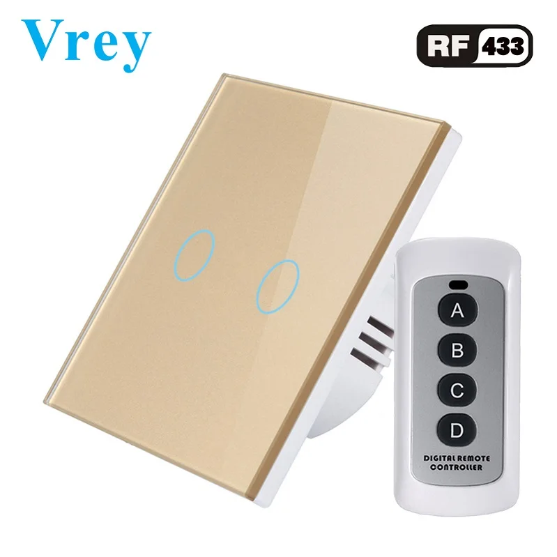 VR-RF-02 Gold Стандартный сенсорный выключатель Vrey EU, 2 комплекта, односторонний светильник с экраном, интеллектуальный пульт дистанционного управления, настенный выключатель из закаленного стекла, Хрустальная панель - Цвет: VR-RF-02 Gold