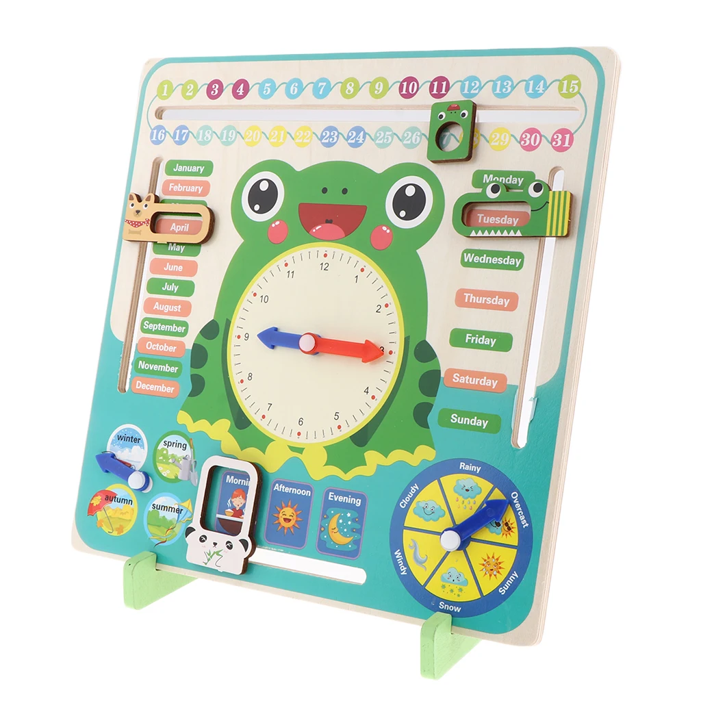 

Daily Cognitive Calendar Teaching Clock Board Wooden Early Education Puzzle Learning Toy Time Date Season Weather Month