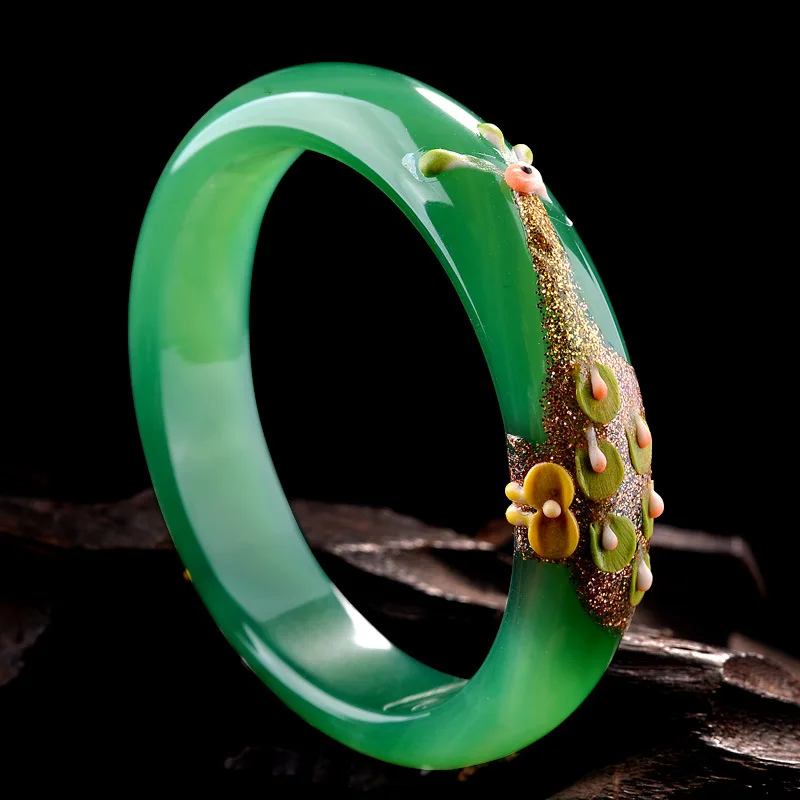 Браслеты из натурального зеленого цвета с цветным рисунком павлина и цветка
