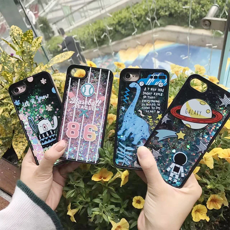 Dinosaur Stars planets soft edge liquid back cover Phone Case for iPhone 7 6 6s plus Dynamic Colorful Quicksand Glitter Flamingo |