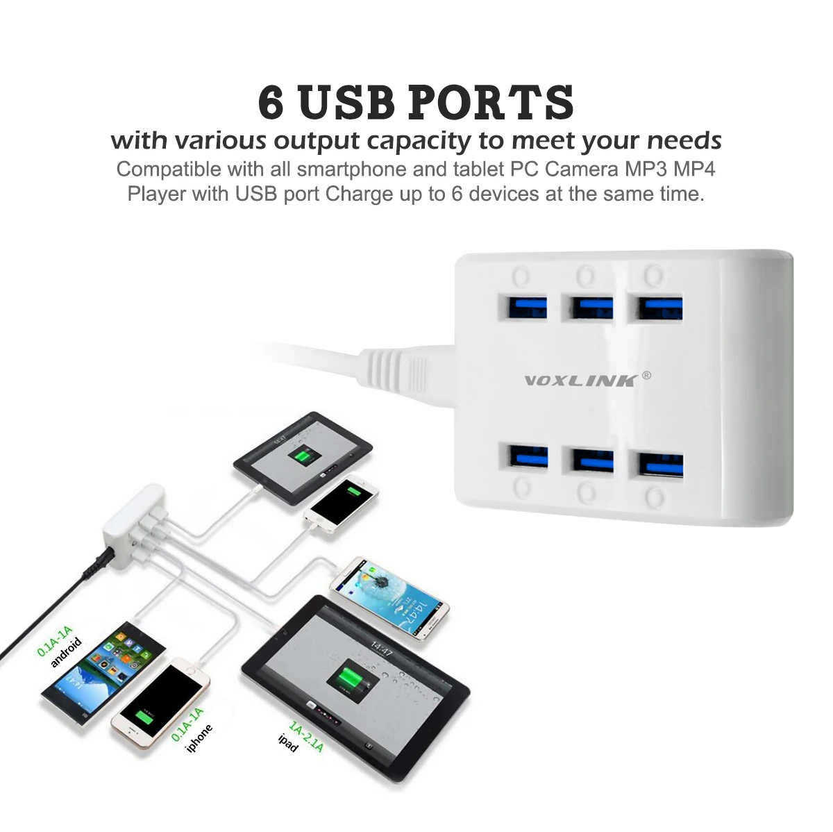 Voxlink мини Портативный multi Порты и разъёмы USB Зарядное устройство 24 Вт 4.8A 6 зарядка