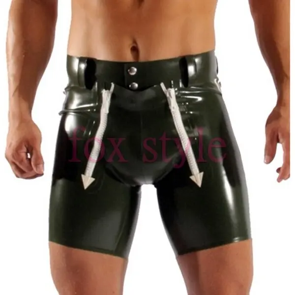 Men 's  sexy fetish latex short trousers with zips  in army green