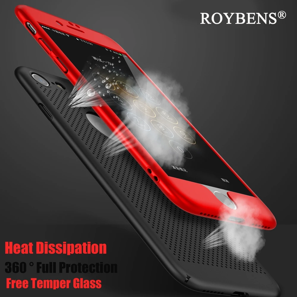Roybens For iPhone 7 Plus Case 360 Heat Dissipation Anti-Hot Ultra Thin Hard PC + Temper Glass Full Body Cover 6 6S |