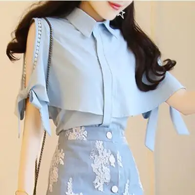blue shirt Новая модная темпераментная белая рубашка с отворотом, вышитая бисером джинсовая кружевная юбка на пуговицах, костюм из двух предметов - Цвет: blue shirt