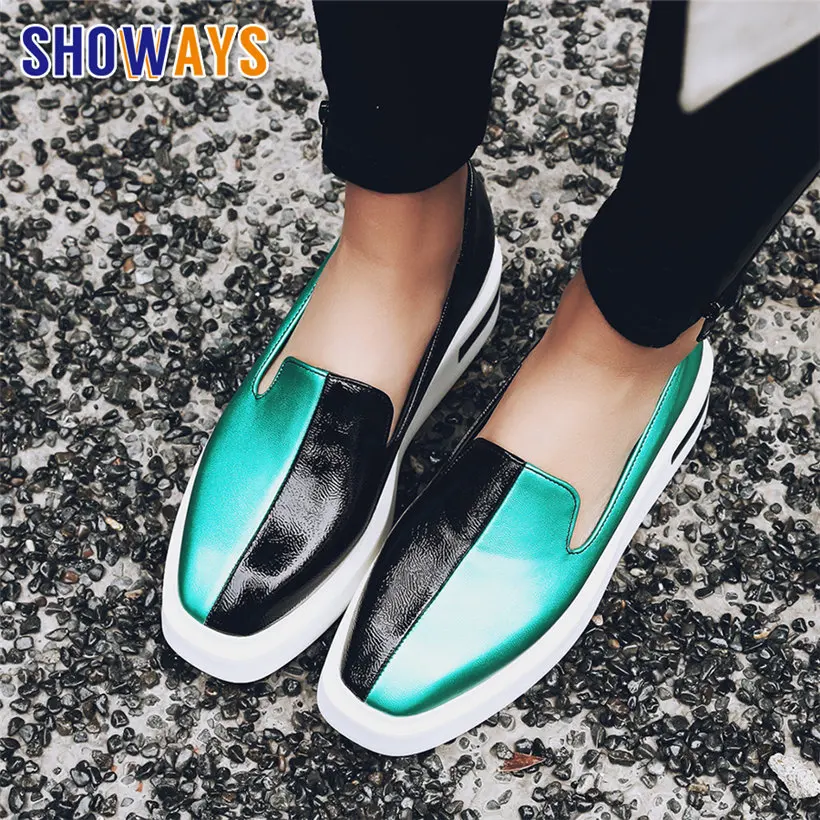 

Spring Women Loafers 4.5cm Med Heel Platform Flats Gold Black Mixed Color Patchwork PU Creepers Casual Party Oxford Ladies Shoes