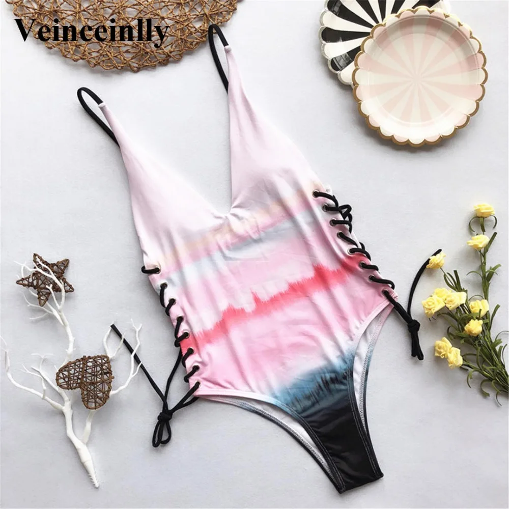 Sexy Lace Up One Piece Swimsuit Women Swimwear Female 2018 Bather V Neck Bathing Suit Swim Wear Colorful Monokini Lady Y1034 | Спорт и