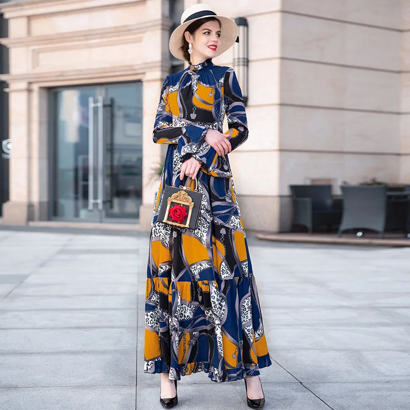 Брендовое Макси длинное платье 2019 женское с длинным рукавом элегантное