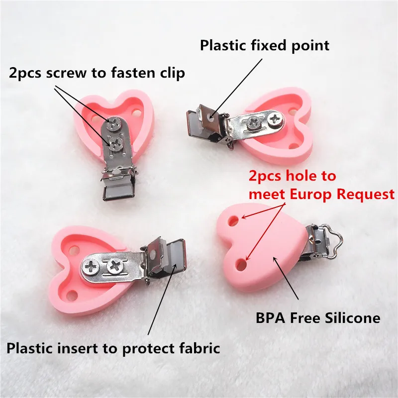 Chenkai 10pcs Silicone Heart Clips with 2 holes DIY Baby Rattle Teether Pacifier Dummy Montessori Sensory Holder Chain Clips