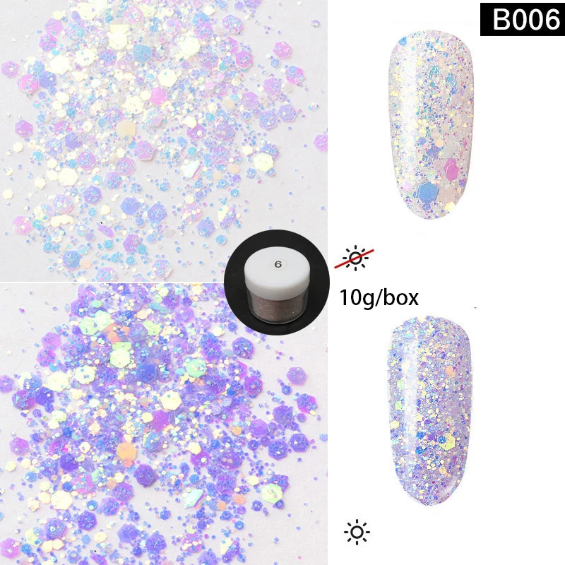 06-10g box Светильник-хамелеон, меняющий цвет, блестки для ногтей, блестящий цвет, яркий маникюр, сделай сам, дизайн ногтей, 3D украшение, голографический блеск, искусство - Цвет: 06-10g box