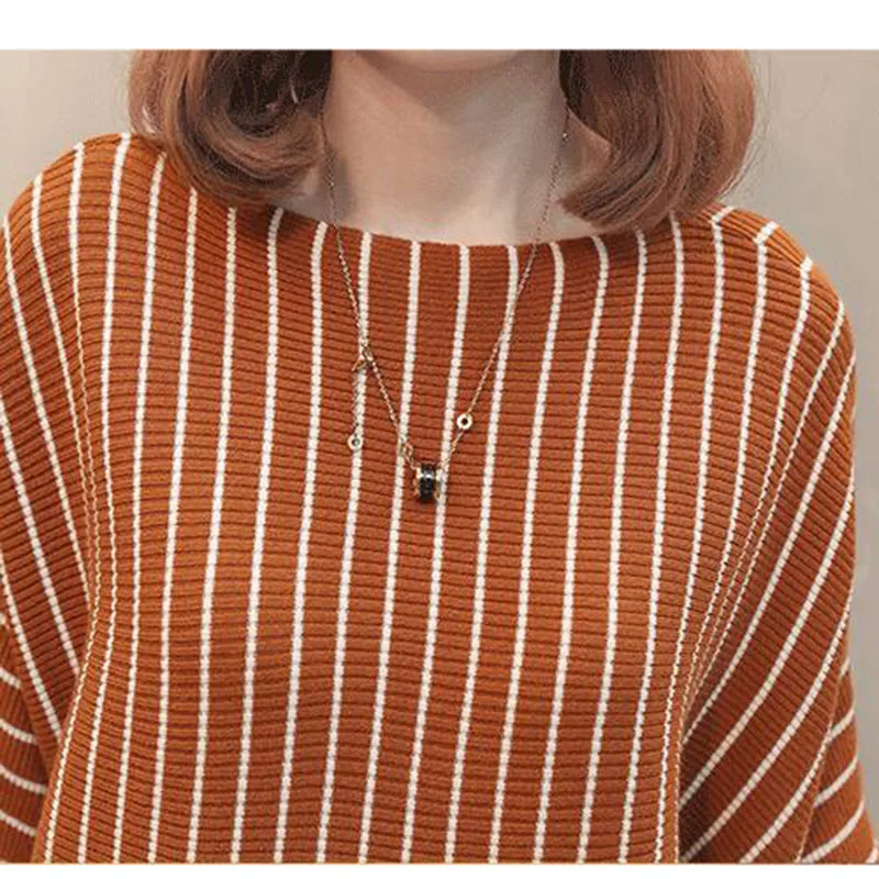 2021 Autumn Sweater Women Pullover Knitted Striped Batwing Fashion Loose Pullovers Knitwear Black Ladies Fall Sweaters | Женская одежда