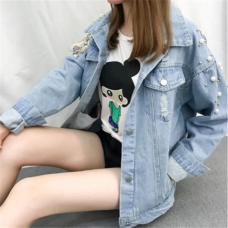 

Female Autumn and Winter New Beaded Bow Sequins Worn Loose Casual Denim Jacket Female Student Jacket 2018 New