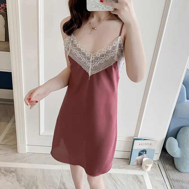 Сексуальная Женская шелковистая Ночная рубашка на бретелях ночная домашняя