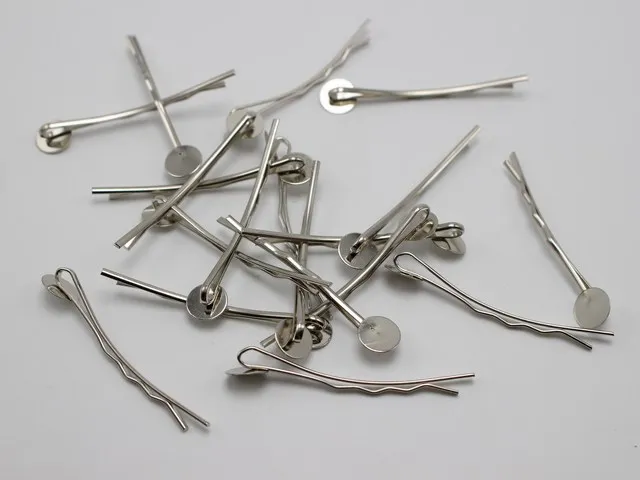 100  Silver-plate Tone Metal Curved Bobby Hair Pin Clips 42mm with Pad