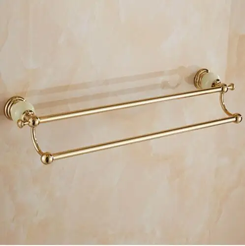 double towel bars Набор аксессуаров для ванной из латуни и нефрита, Золотая щетка, держатель для бумаги, вешалка для полотенец, мыльница, вешалка для полотенец, набор аксессуаров для ванной комнаты - Цвет: double towel bars