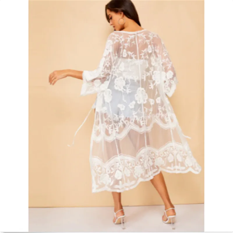 Цветочная кружевная Пляжная накидка женское однотонное белое Сетчатое пляжное