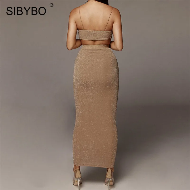 Sibybo, блестящее сексуальное платье без бретелек, комплект из двух предметов, платье на тонких бретелях, без рукавов, летнее женское платье, открытая спина, Пляжное длинное платье, вечерние платья