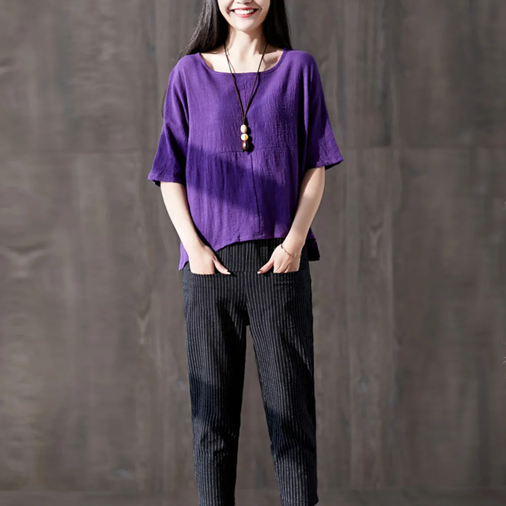 Women Casual Half Sleeve Loose Blouse O Neck Solid Cotton Linen Blouses Office Womens Work Shirts Plus Size Harajuku Blusas 2019 |