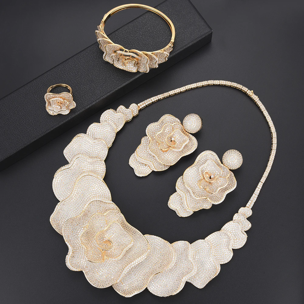 

SisCathy 4PCS Luxury Big Statement Jewelry For Women Wedding Cubic Zirconia Necklace/Earrings/Ring/Bracelet Jewelry Set 2019