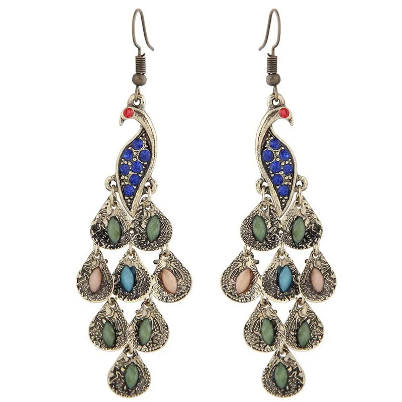 Turbosun Vintage Peacock Pendant Earrings Crystal Rhinestone Metal Fringe Long Women Fashion Jewelry Accessories | Украшения и