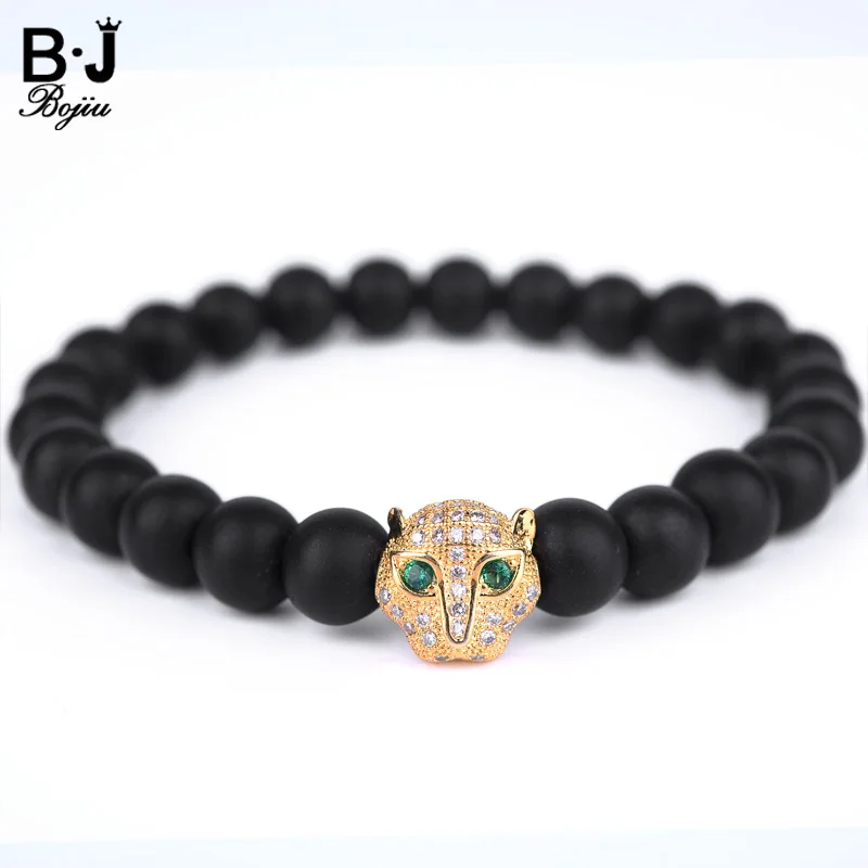 

BOJIU Bracelet Man Micro Zircon Stone Luxury Lion Matte Black Natural Ag. Men Women Elastic Strand 8mm Bead Bracelet MBC02
