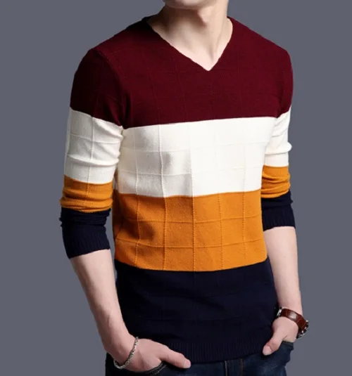 new fashion autumn winter Korean men casual patchwork v-neck knit bottoming slim fit shirt pullover warm wool cotton sweater | Мужская