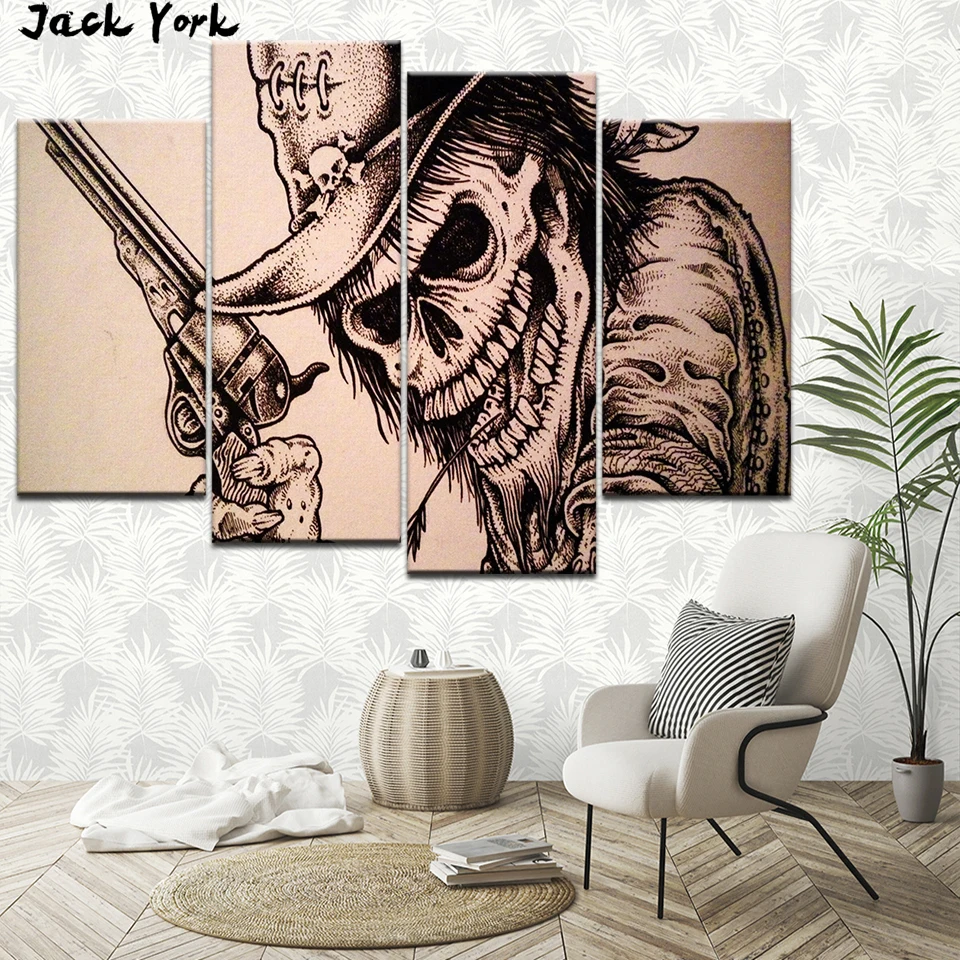 

Canvas Painting cool skull and guns 4 Pieces Wall Art Painting Framework Modular Wallpapers Poster Print living room Home Decor