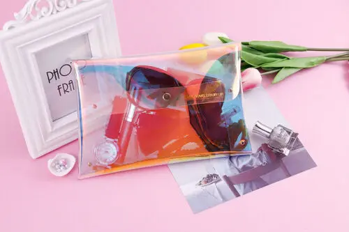 

Fashion Laser Transparent Holographic Cosmetic Zipper Bags Make Up Pouch Pen Pencil Case Shopping Bags