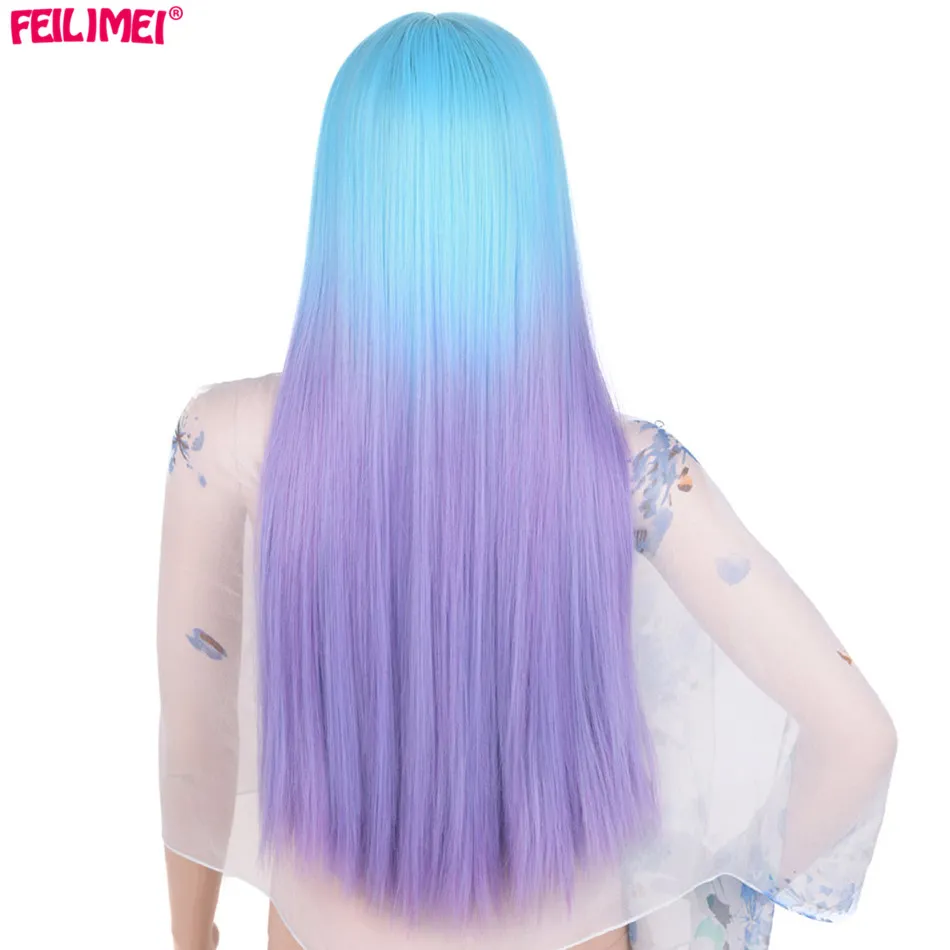 Feilimei Ombre Grey Wig Синтетическое японское волокно 60см 280г Длинные прямые штаны Черные серые парики для женщин Наращивание волос