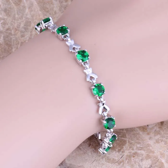 Безупречный зеленый кубический цирконий посеребренный звеньевой браслет