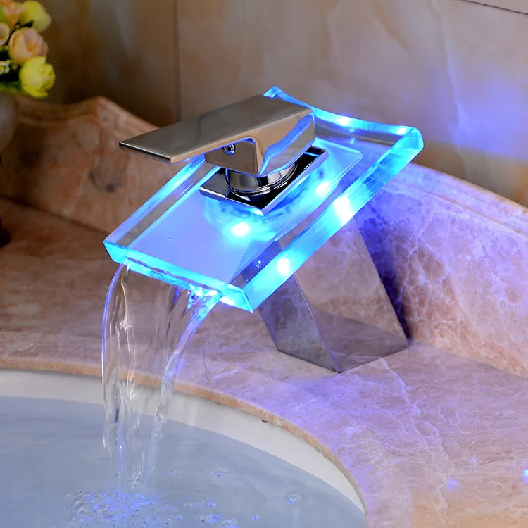 LED Color Changes Glass Waterfall Basin Faucet Bathroom Bath Tub Sink Mixer Tap Single Handle Kitchen Water Chrome Finish | Обустройство