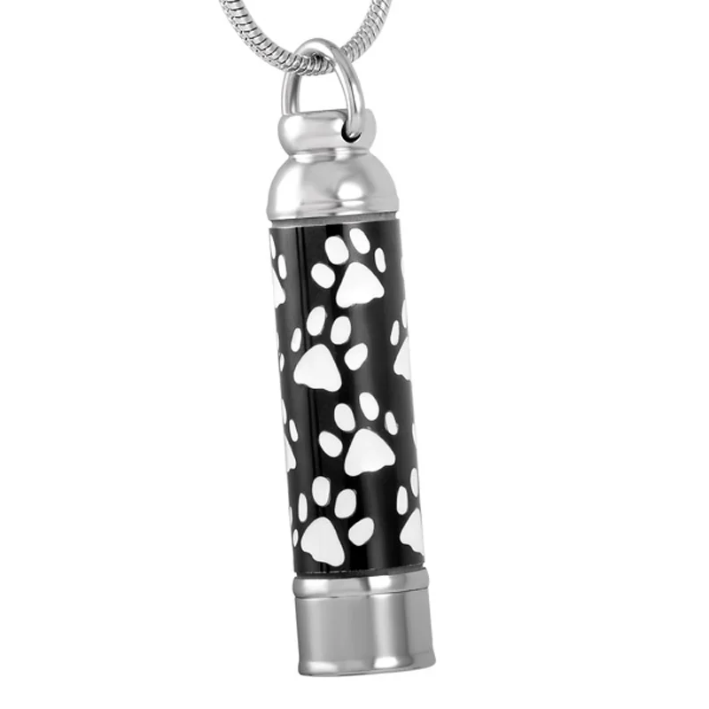 KJ8376 Free Filling Kit &amp Instructions White Paws Printed Black Tube Urn Ash Holder Animal Cremation Necklace Stainless Steel | Украшения