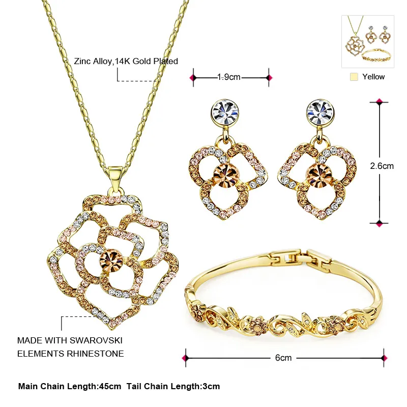 Комплект ювелирных изделий Neoglory стразы ожерелье серьги и браслет золотого цвета