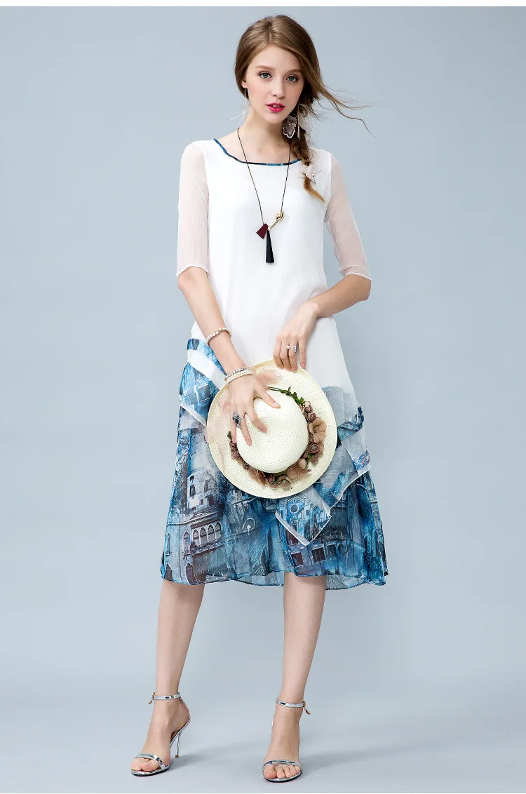 Women's Clothing Silk Dress Printing A-Line Half Sleeve O-Neck Fashion European Style Summer Elegant Slim Vestido 2017 | Женская