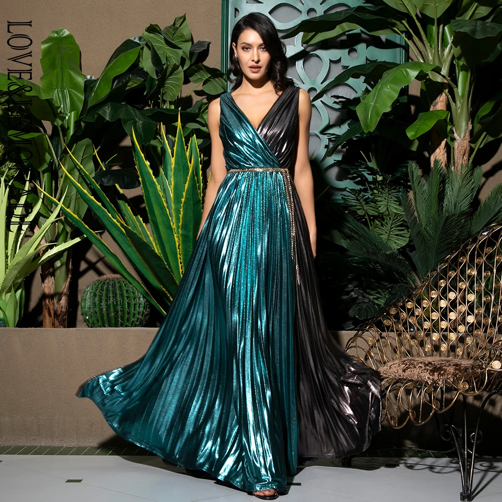 Женское вечернее платье трапеция LOVE & LEMONADE серебристо зеленое Плиссированное