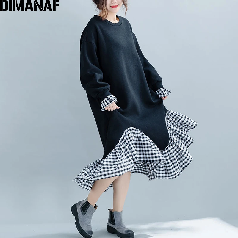 DIMANAF, женское длинное платье, плюс размер, зимнее, хлопок, толстая, труба, Русалка, с рюшами, сплайсированные, в клетку, повседневное, свободное, большой размер, женские платья