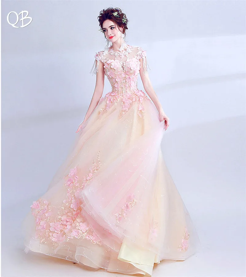 Бальное платье цвета шампанского пышные тюлевые кружевные бусины Кристальные