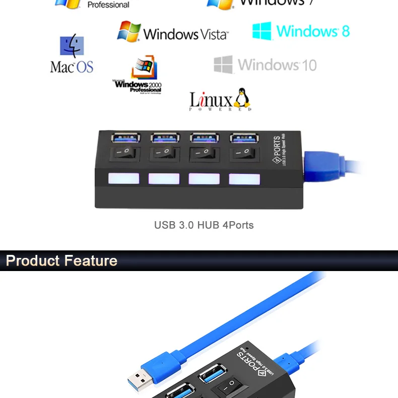 Мульти USB 3,0 концентратор USB разветвитель 5 Гбит/с микро usb-хаб с адаптером питания Переключатель ВКЛ/ВЫКЛ мини 4 usb порта для ПК Аксессуары для ноутбуков