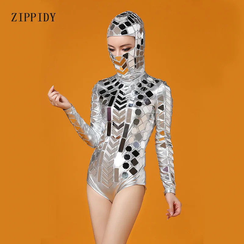 Silver Mirrors Bodysuit Head Piece Outfit Costume Bar Party Female Singer Dancer Ds DJ Performance Sexy Leotard Stage Show Wear