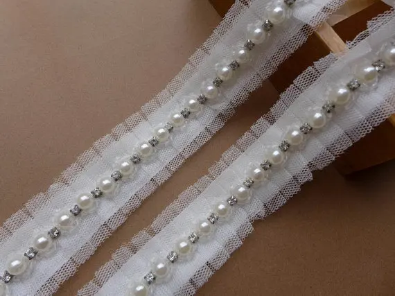 

Pearl Rhinestone Beaded Lace Trim Vintage Mesh Fabric Paillette Chemical Lace Wedding Dress Dentelle Applique 5 yards/Lot
