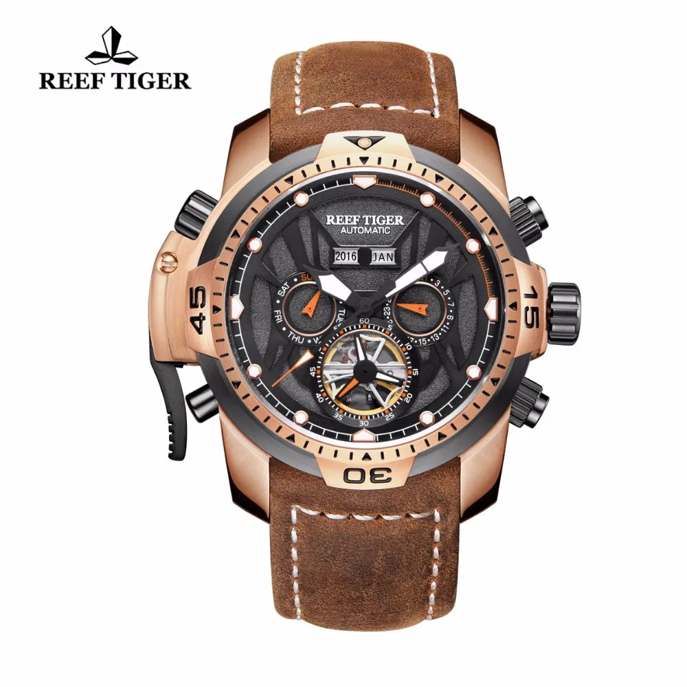 Спортивные часы Reef Tiger/RT Gent со сложным циферблатом многофункциональные автоматические часы с коричневым ремешком из телячьей кожи RGA3532