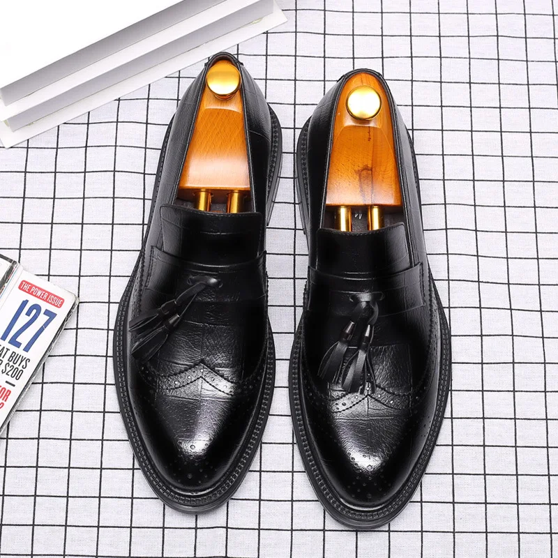 2019 summer new men's business dress pointed British casual fringe calfskin shoes mature Men Designer black Shoes | Обувь