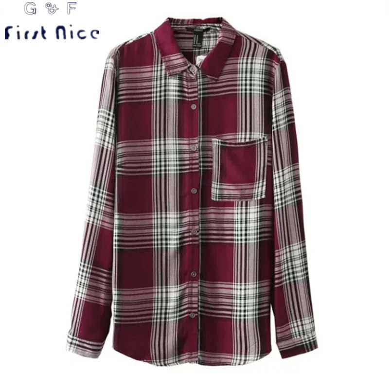 Женщины Блузки 2017 Новая Коллекция Весна Мода Хлопок Плед С Длинным Рукавом Turn down