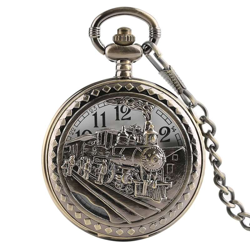 

Fobs Bronze Vintage Locomotive Carving Train Watches Relogio De Bolso Quartz Pocket Watch Retro With Necklace for Men Women