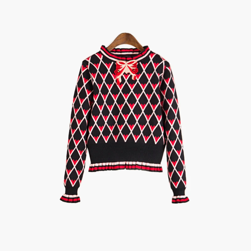 2020 Winter Sweet Plaid Women Knit Sweater Pullovers Runway Designer Ruffles Long Sleeve Female Christmas Jumper Clothes | Женская