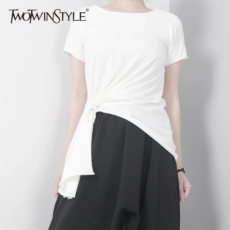 TWOTWINSTYLE Lace Up T Shirt For Women O Neck Short Sleeve Large Size Pullover Tops Spring Summer Fashion Casual Clothing 2019 | Женская