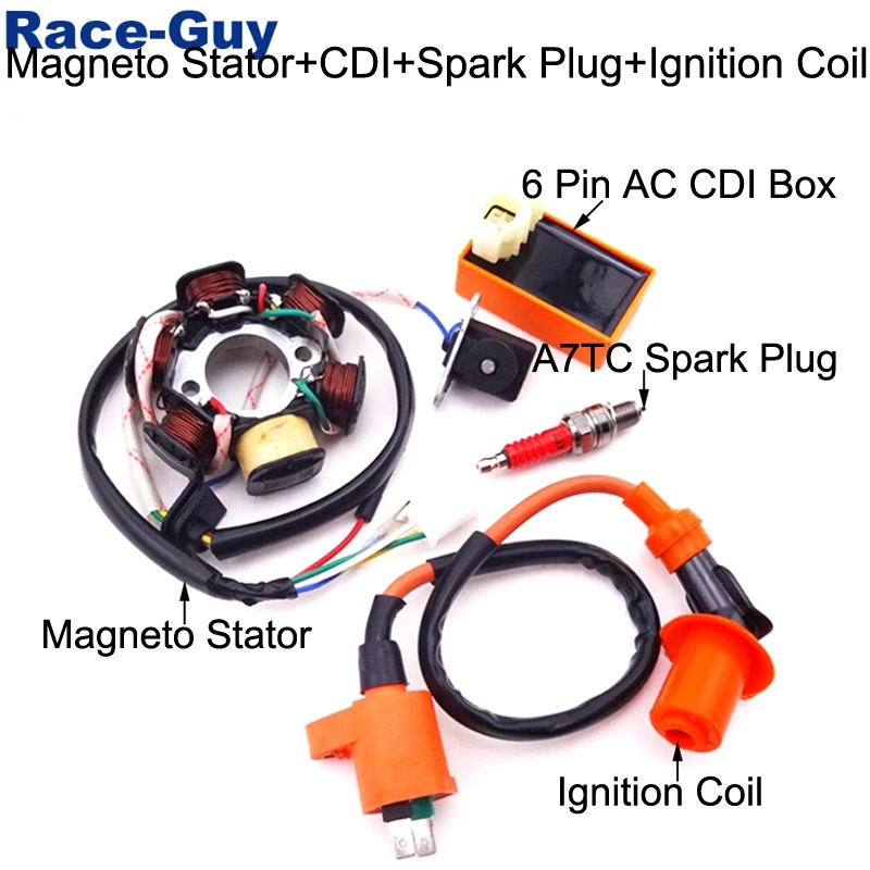 Magneto Stator + Racing Ignition Coil 6 Pin AC CDI Box A7TC Spark Plug For Chinese GY6 49cc 50cc Engine Moped Scooter |