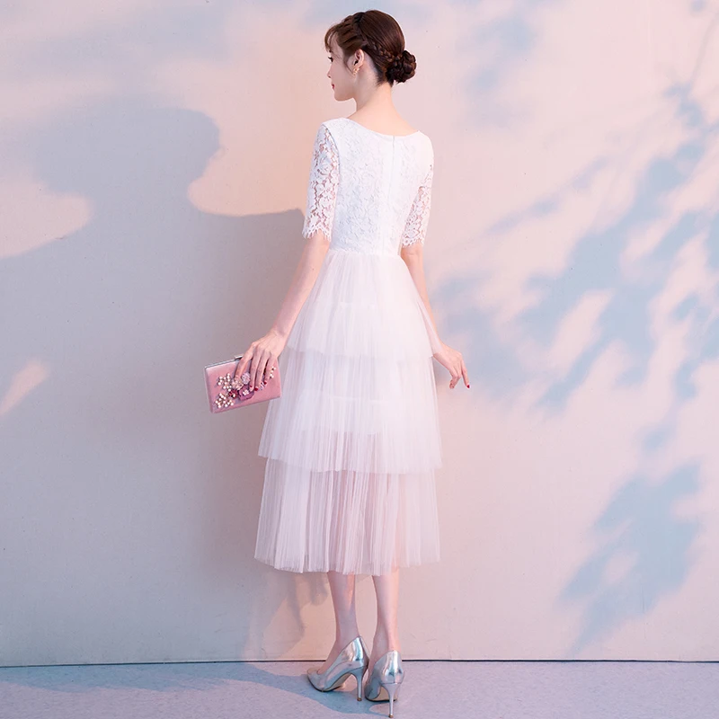 Белое Кружевное Вечернее Платье женское с коротким рукавом чайная длина миди