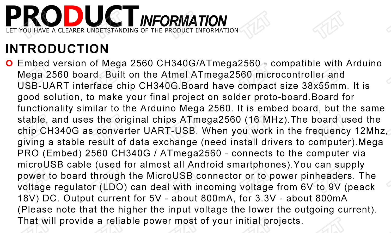 TZT Mega 2560 PRO MINI 5V(встраивание) CH340G ATmega2560-16AU с наконечниками, совместимыми с arduino Mega 2560